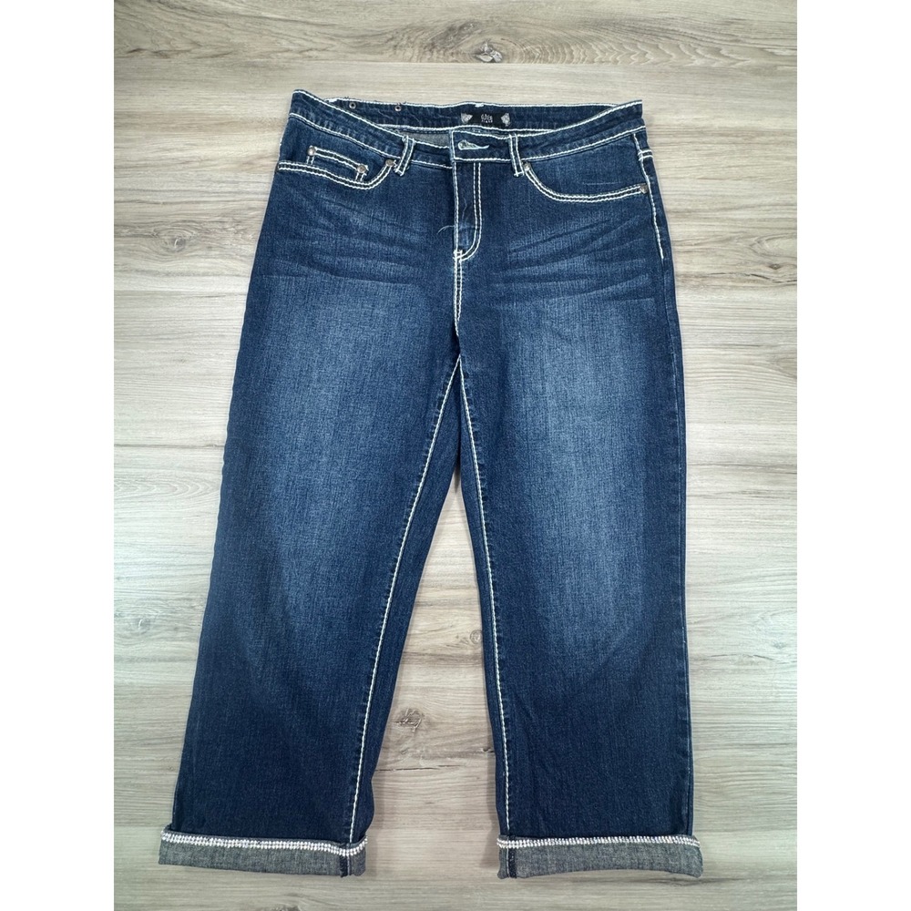 Tru Luxe Jeans Womens Size 12 Dark Wash Rhinestone Cuff Cropped  Boho Bling/Glam